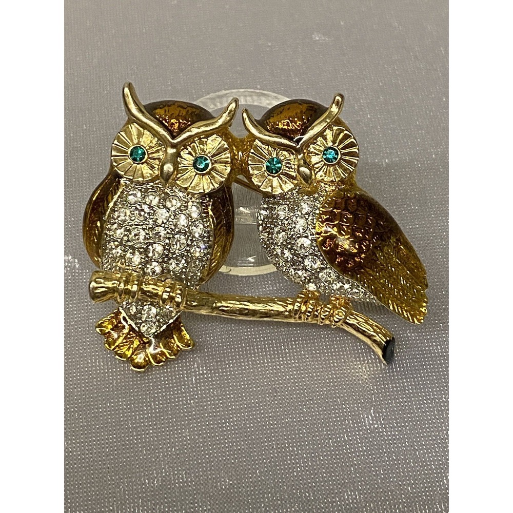 Owls Couples Gold/Brown Enamel Crystal Sitting Brooch Pin Green Eyes Pre-Owned